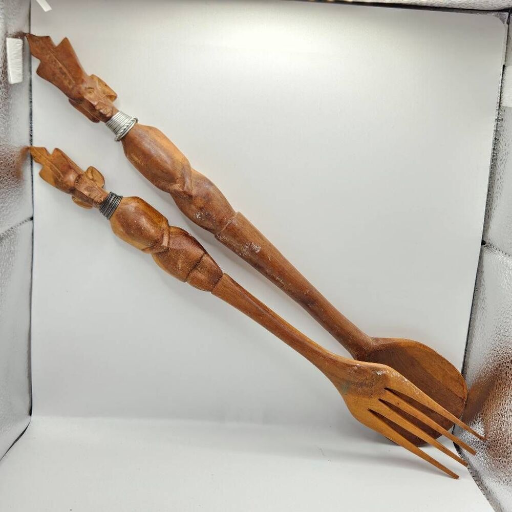 Vintage African Hand Carved Wooden Spoon & Fork Set